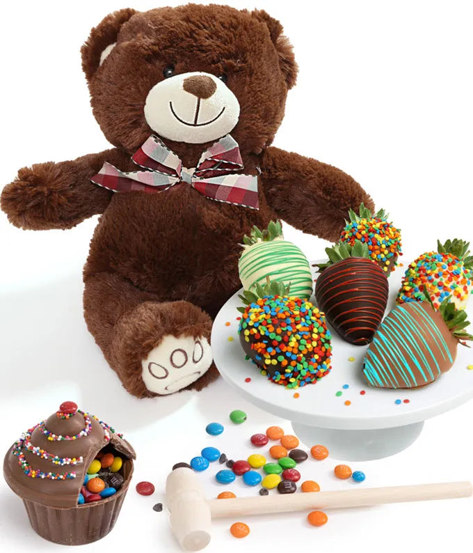 Chocolate Covered Strawberries, Mini Breakable Cupcake &amp; Teddy Bear Trio