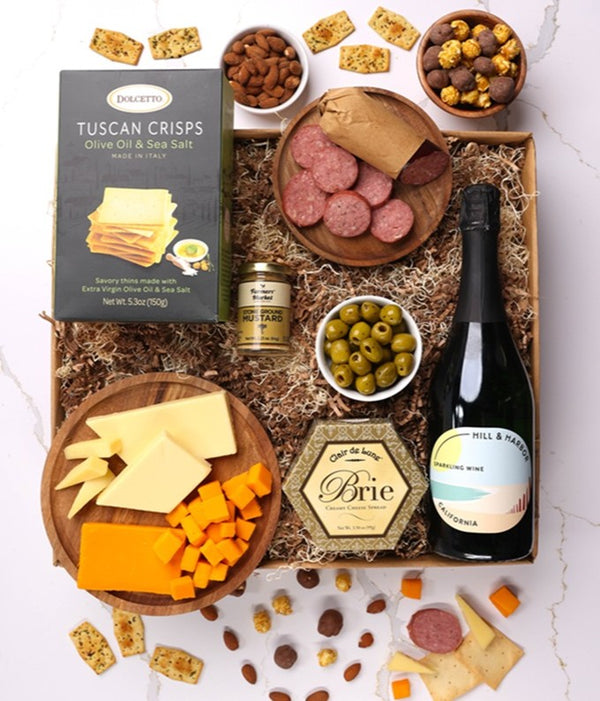 Deluxe Meat & Cheese Gift Box with Sparkling Wine - The Gift Basket Store
