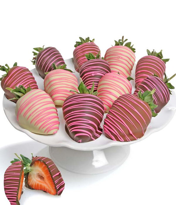 Pink Swizzled Chocolate Covered Strawberries - 12 Pieces - The