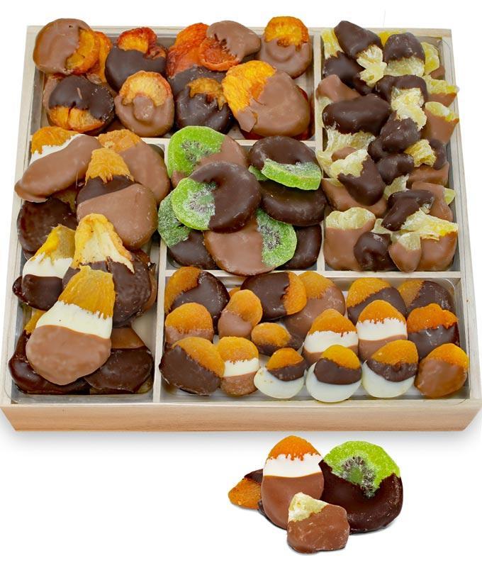 Large dried fruit tray with the fruit dipped in chocolate