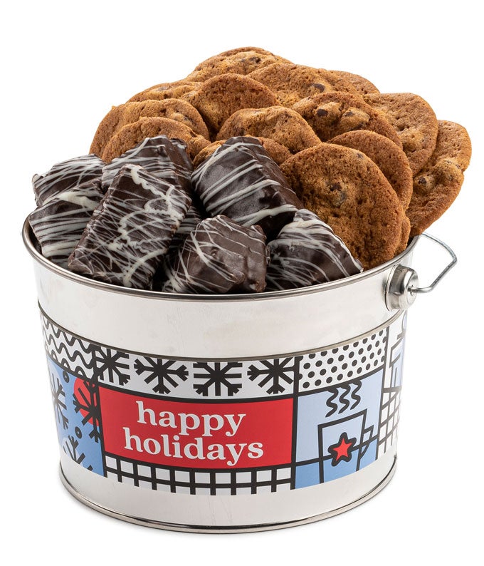 Happy Holidays Crispy Cookies &amp; Chewy Brownie Bucket