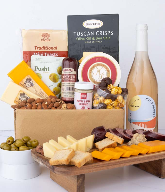 Deluxe Meat & Cheese Gift Box with Rosé Wine - The Gift Basket Store