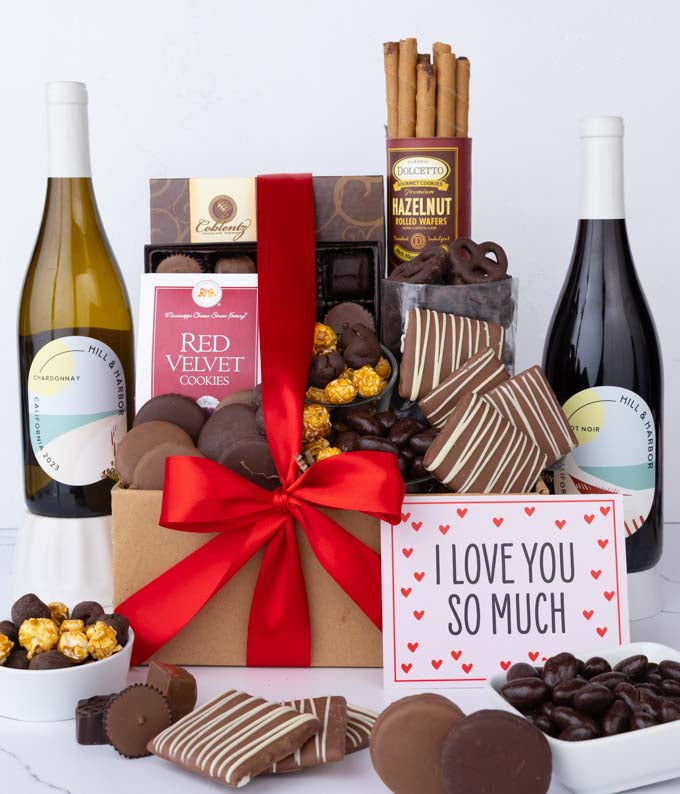 I Love You! Gourmet Chocolate &amp; Wine Indulgence Gift Box - California Red &amp; White Wine