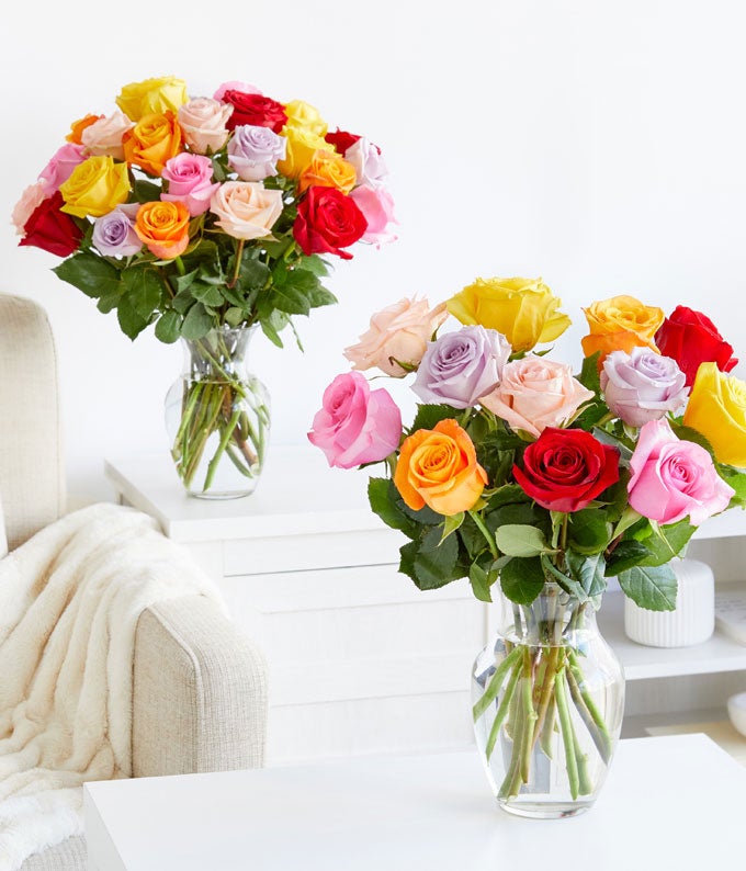 Two Dozen Rainbow Roses with White Wine