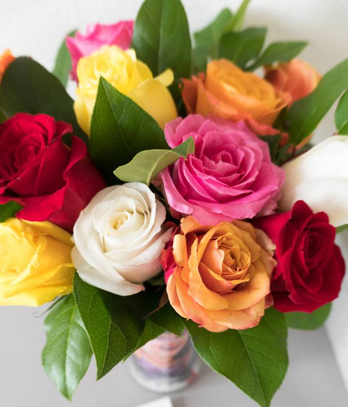 One Dozen Rainbow Roses with White Wine