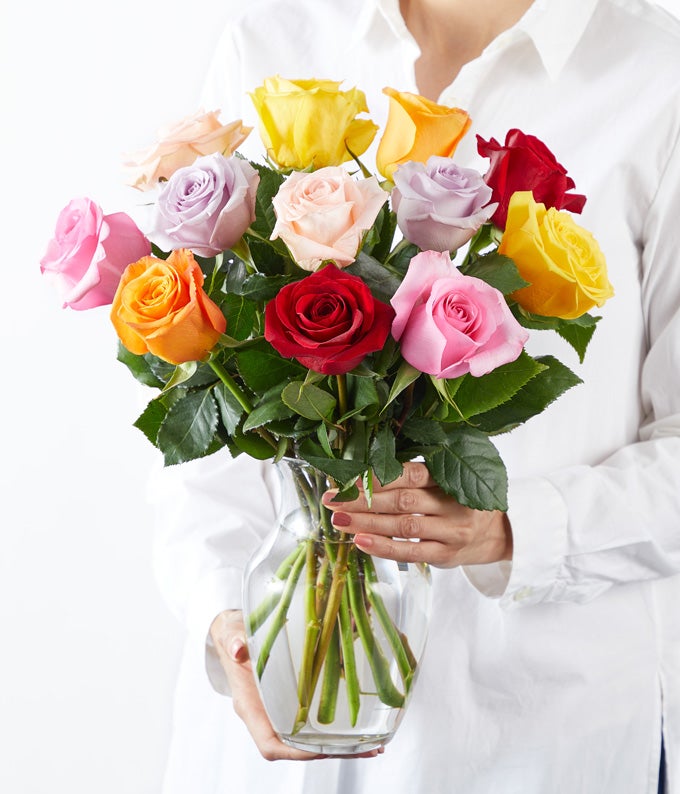 One Dozen Rainbow Roses with Red Wine