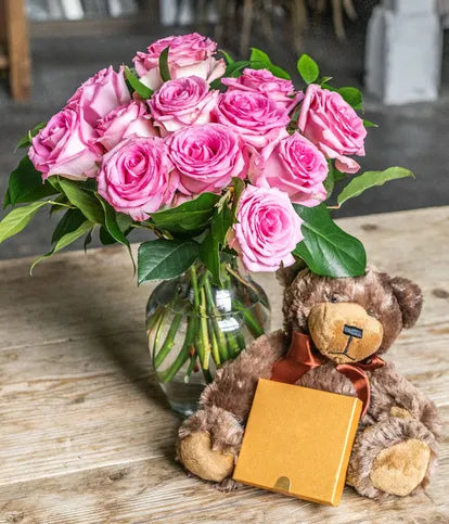 One Dozen Pink Roses with Chocolates, &amp; Teddy Bear