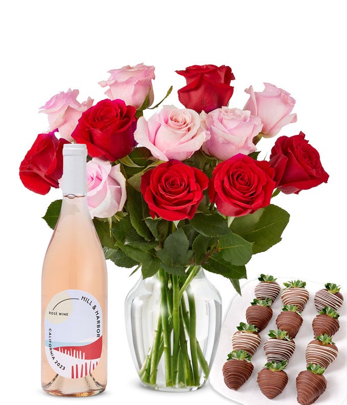Pink & Red Roses, Rosé Wine, and Chocolate Dipped Strawberries