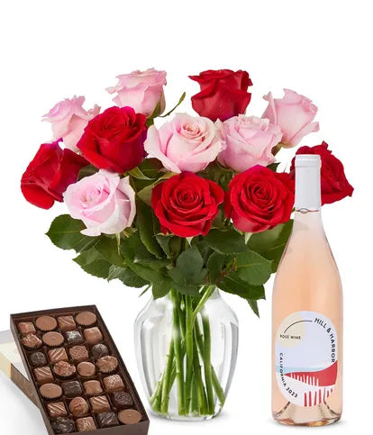 One Dozen Pink & Red Roses with Rosé Wine