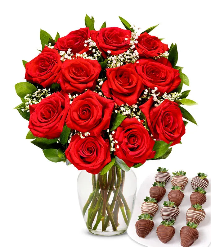 One Dozen Red Roses with Belgian Chocolate Covered Strawberries