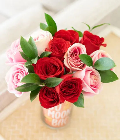 One Dozen Pink & Red Roses with Rosé Wine