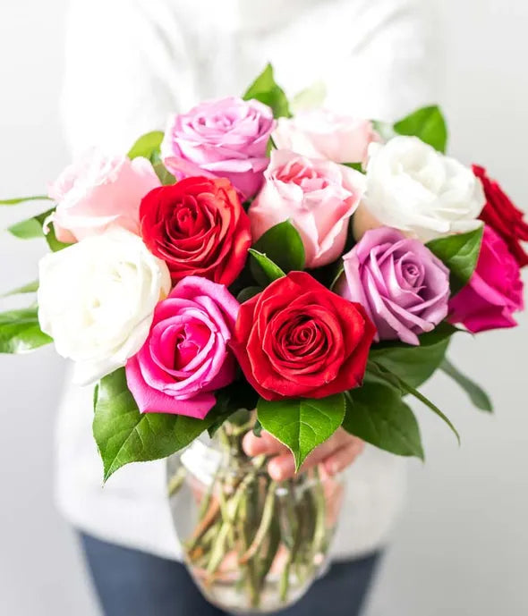 One Dozen Assorted Sweetheart Roses with Rosé Wine