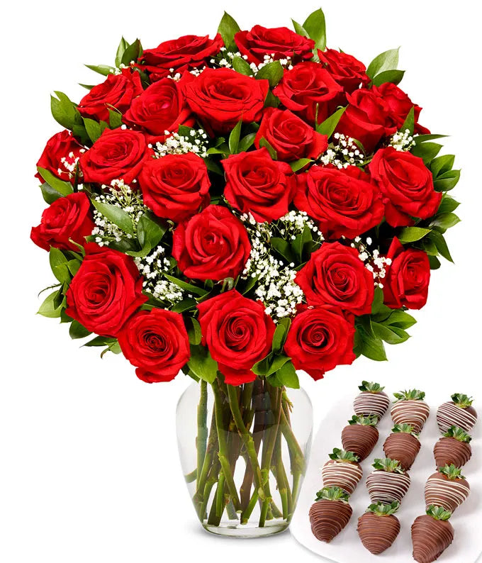Two Dozen Red Roses with Belgian Chocolate Covered Strawberries