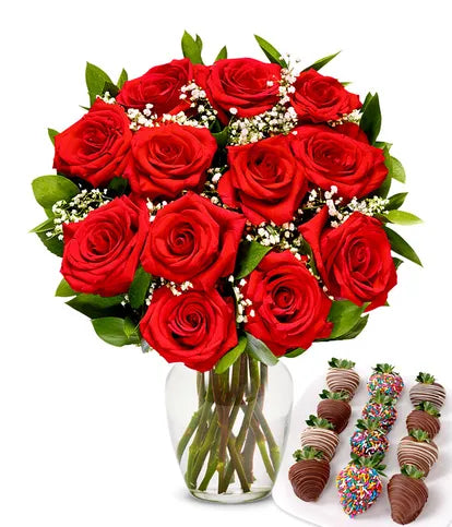 One Dozen Red Roses with Chocolate Celebration Strawberries