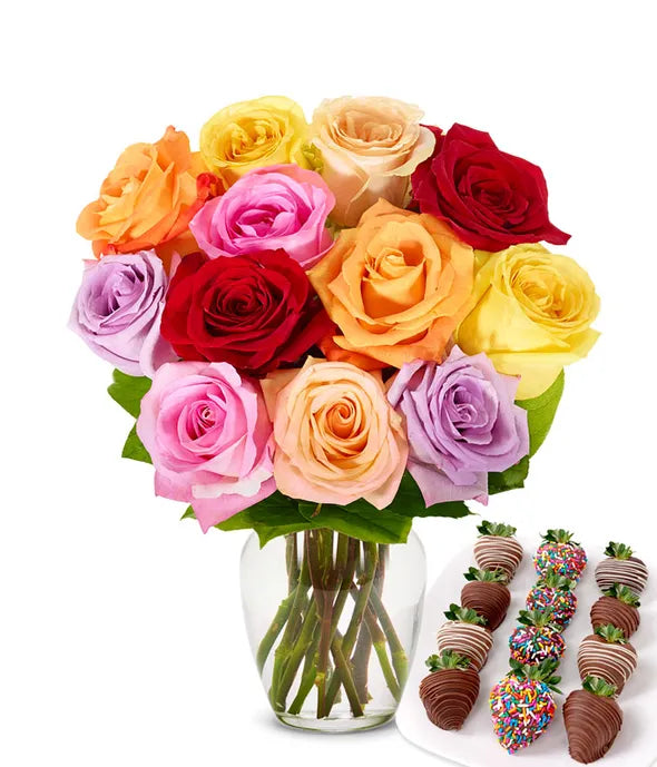 One Dozen Rainbow Roses with Belgian Chocolate Covered Strawberries