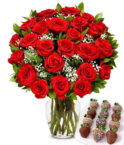 Two Dozen Red Roses with Chocolate Celebration Strawberries