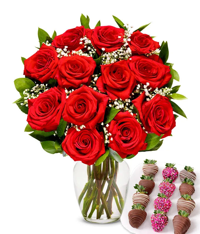 One Dozen Red Roses with Love Belgian Chocolate Covered Strawberries