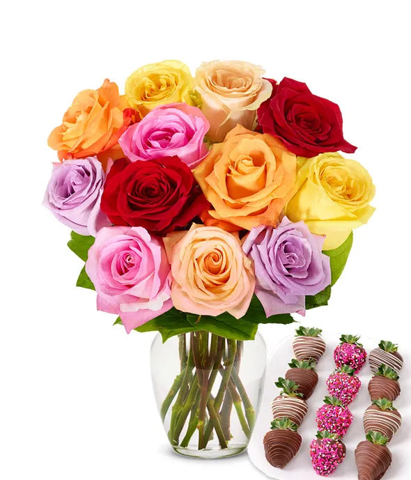 One Dozen Rainbow Roses with Love Belgian Chocolate Covered Strawberries