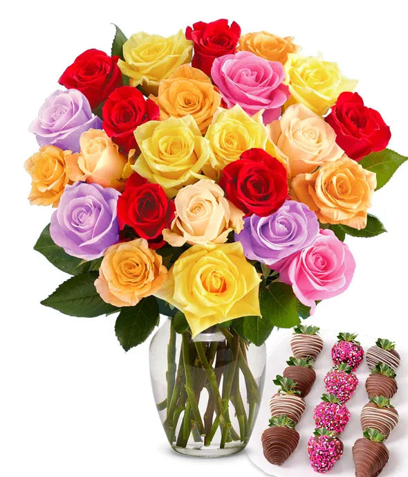 Two Dozen Rainbow Roses with Love Belgian Chocolate Covered Strawberries