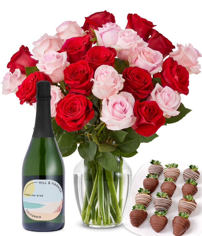 Pink & Red Roses, Sparkling Wine, and Chocolate Dipped Strawberries