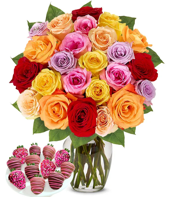 Two Dozen Rainbow Roses with Chocolate Covered Strawberries for Mom