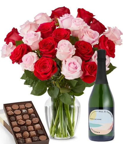 Two Dozen Pink & Red Roses with Sparkling Wine