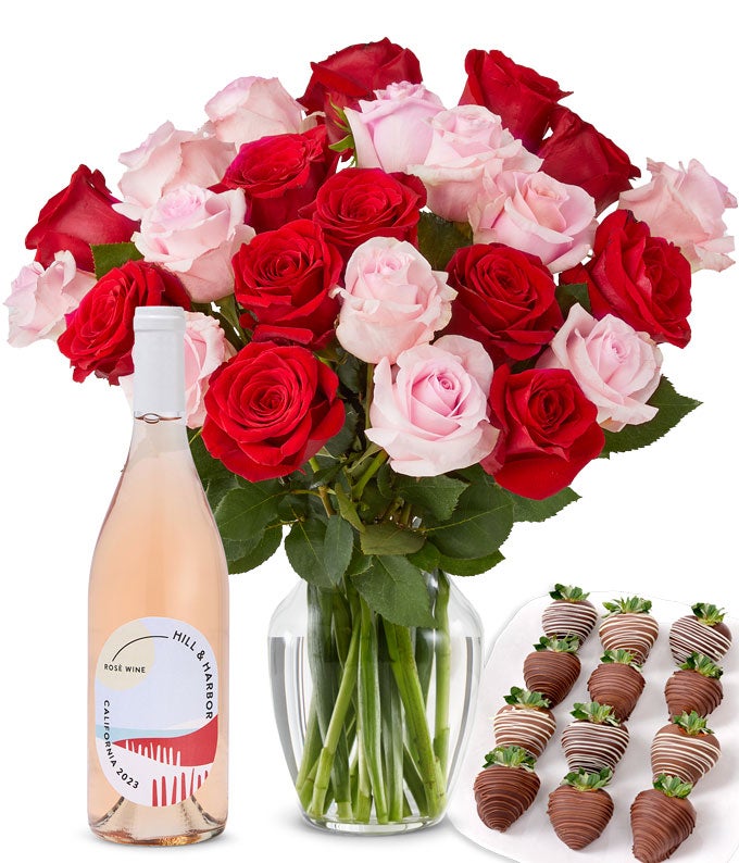 Pink & Red Roses, Rosé Wine, and Chocolate Dipped Strawberries