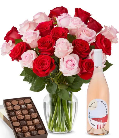 Two Dozen Pink & Red Roses with Rosé Wine