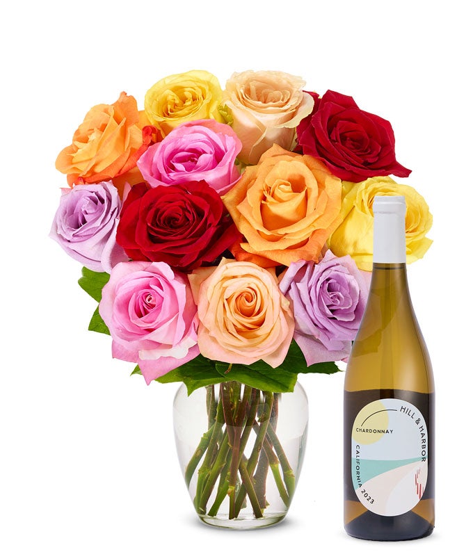 One Dozen Rainbow Roses with White Wine