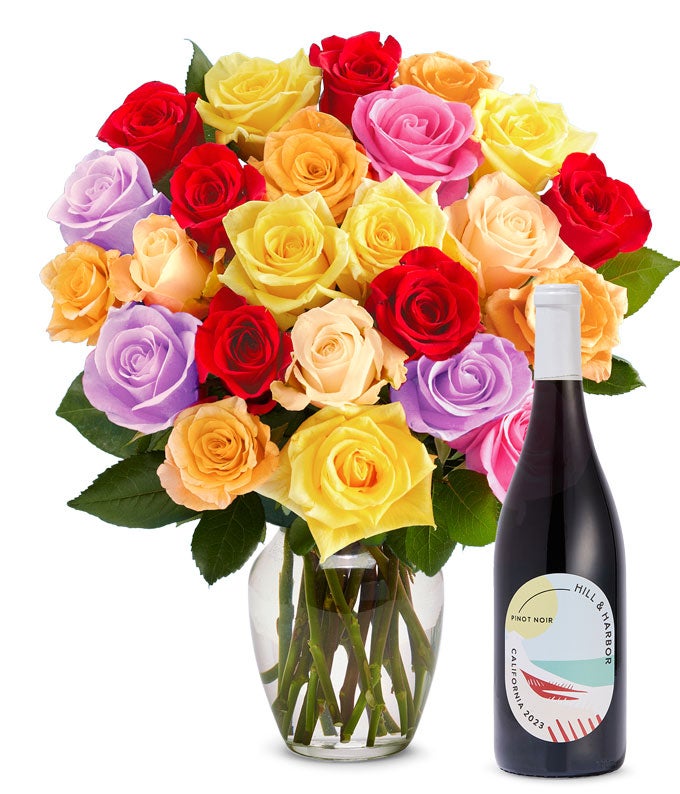 Two Dozen Rainbow Roses with Red Wine