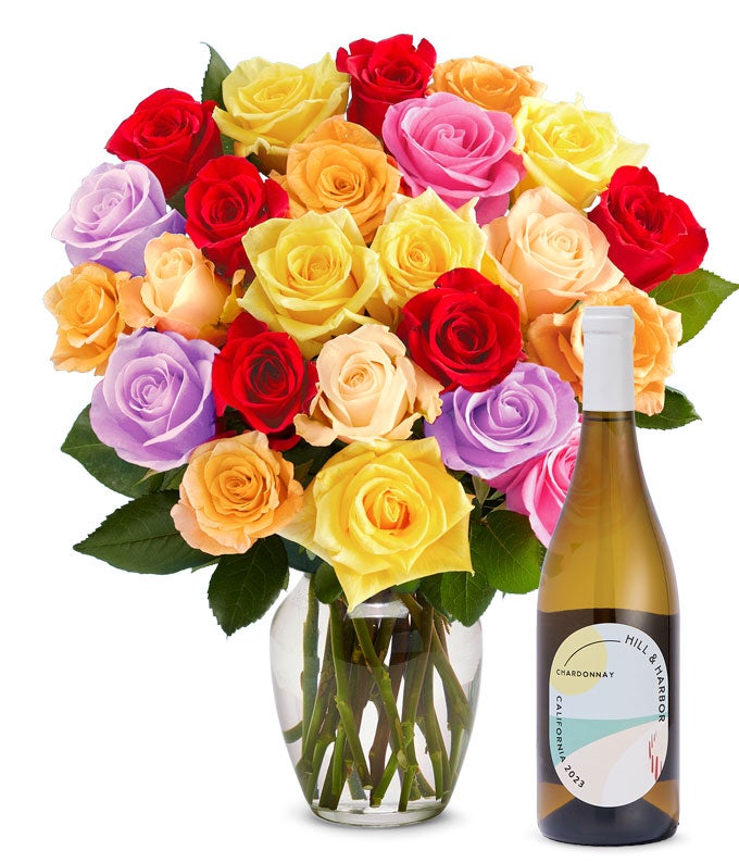 Two Dozen Rainbow Roses with White Wine