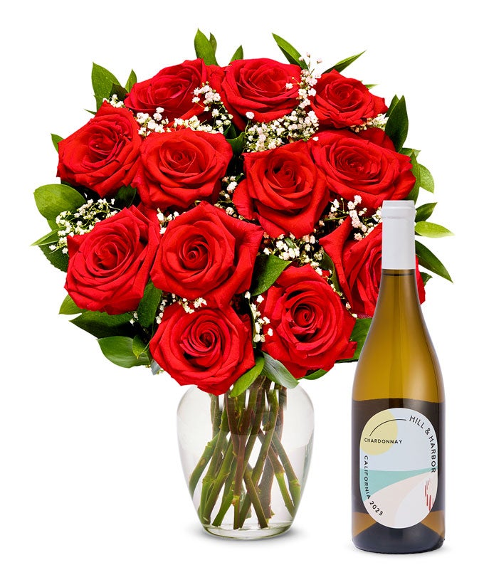 One Dozen Red Roses with White Wine