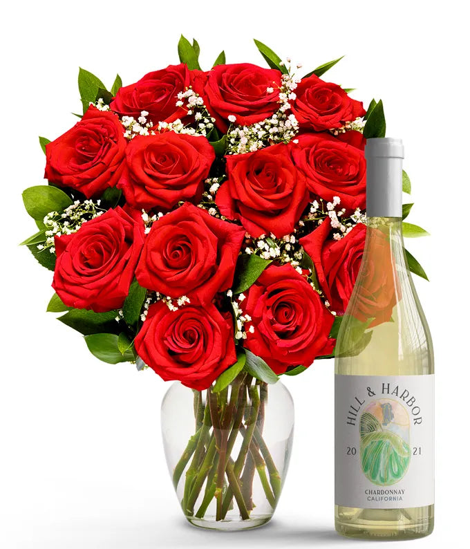 One Dozen Red Roses with White Wine