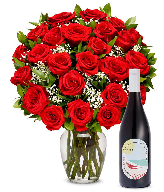 Two Dozen Red Roses with Red Wine