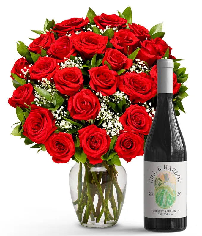 Two Dozen Red Roses with Red Wine