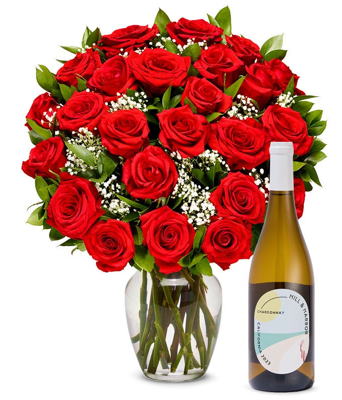 Two Dozen Red Roses with White Wine