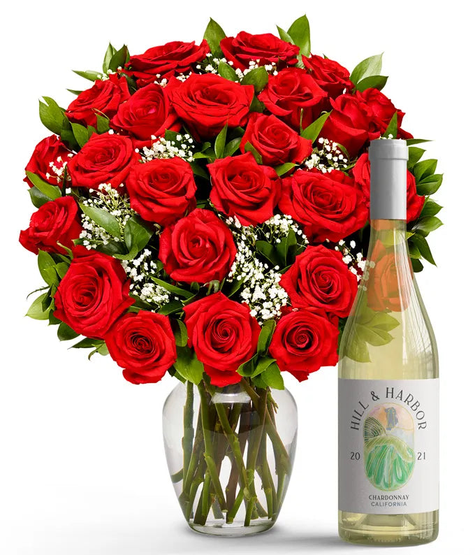 Two Dozen Red Roses with White Wine