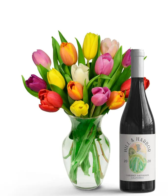 Rainbow Tulip Bouquet with Red Wine