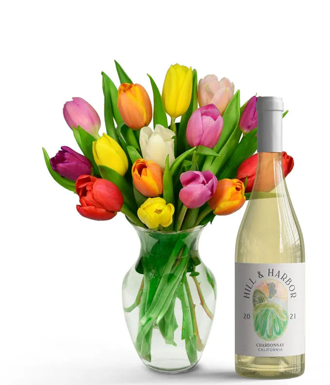 Rainbow Tulip Bouquet with White Wine