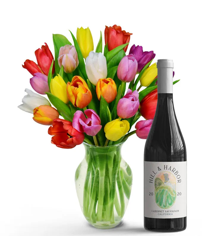 Premium Rainbow Tulip Bouquet with Red Wine