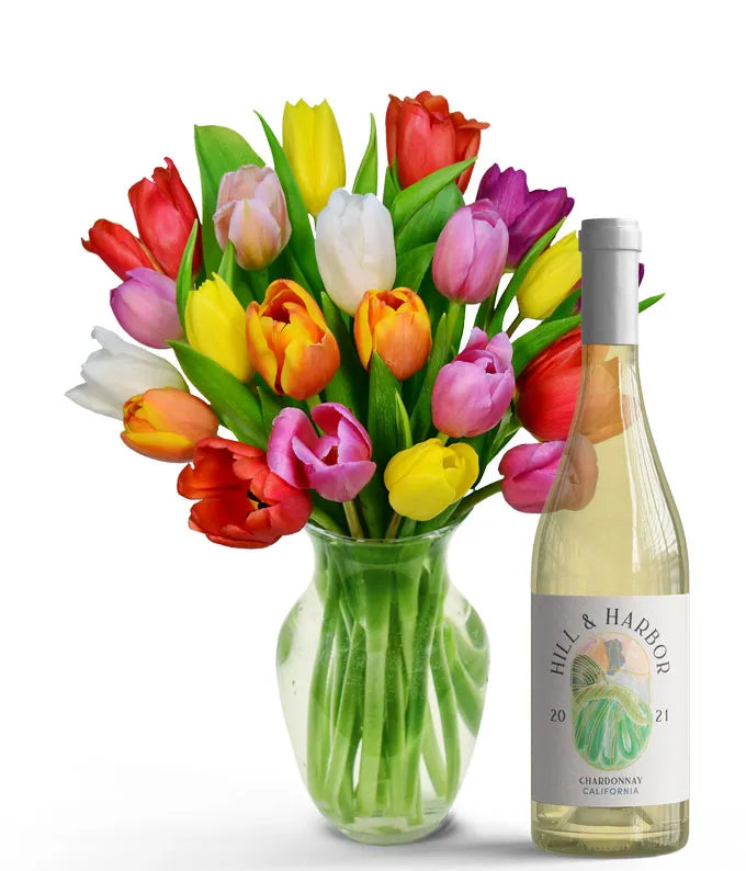 Premium Rainbow Tulip Bouquet with White Wine