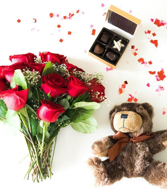 One Dozen Red Roses with Chocolates & Bear