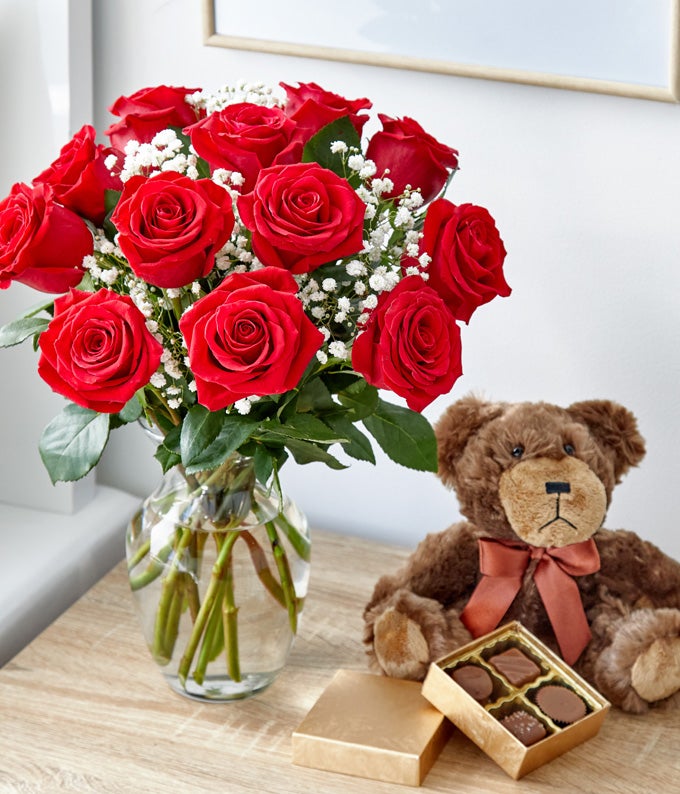 One Dozen Red Roses with Chocolates & Bear