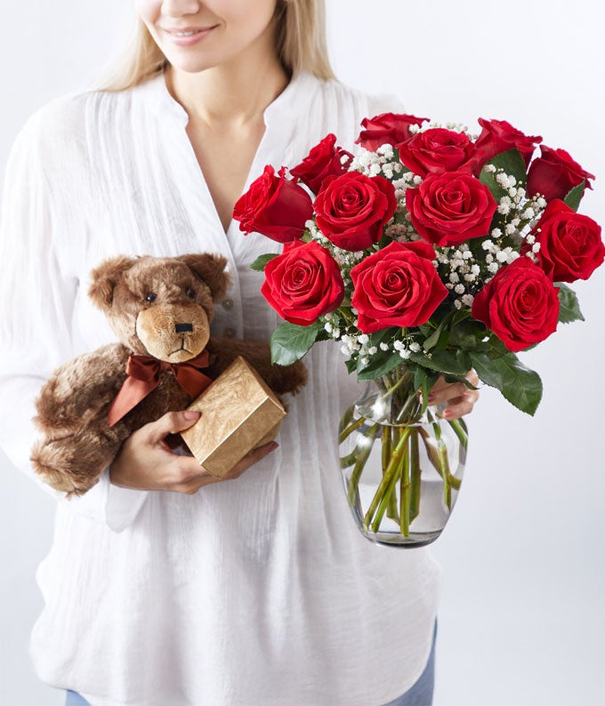 One Dozen Red Roses with Chocolates & Bear