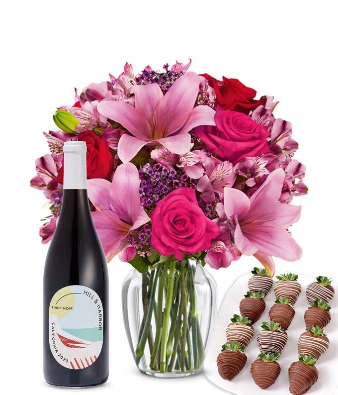 Roses & Lilies, Red Wine, and Chocolate-Dipped Strawberries