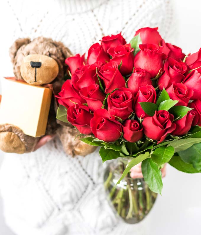 Two Dozen Long Stemmed Red Roses with Chocolates & Bear