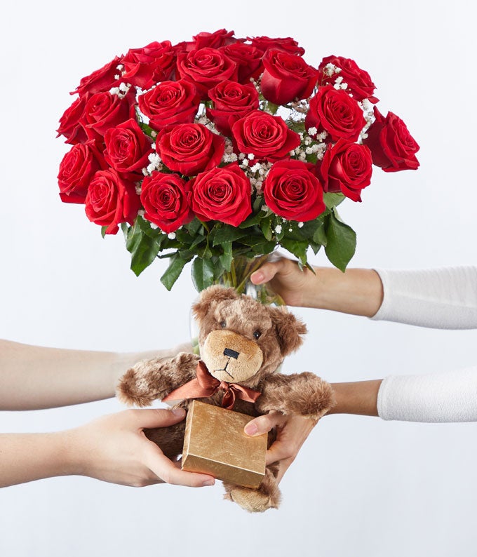 Two Dozen Long Stemmed Red Roses with Chocolates & Bear