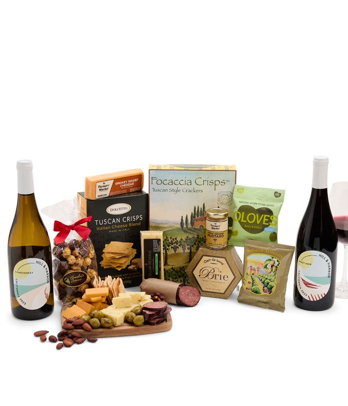 Deluxe Meat &amp; Cheese Gift Box with California Red &amp; White Wine