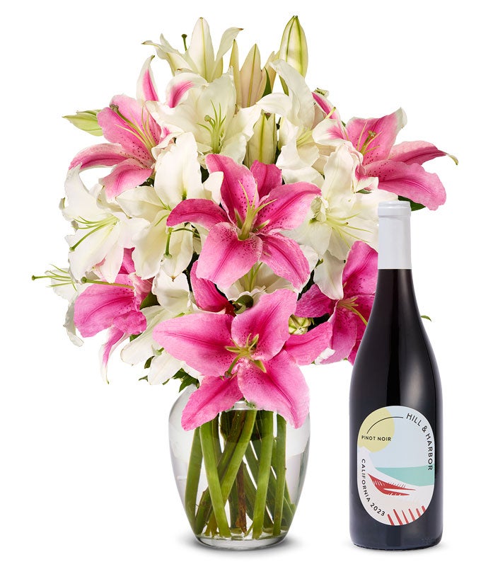 Pink and White Lilies with Red Wine