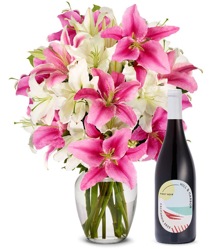 Premium Pink and White Lilies with Red Wine